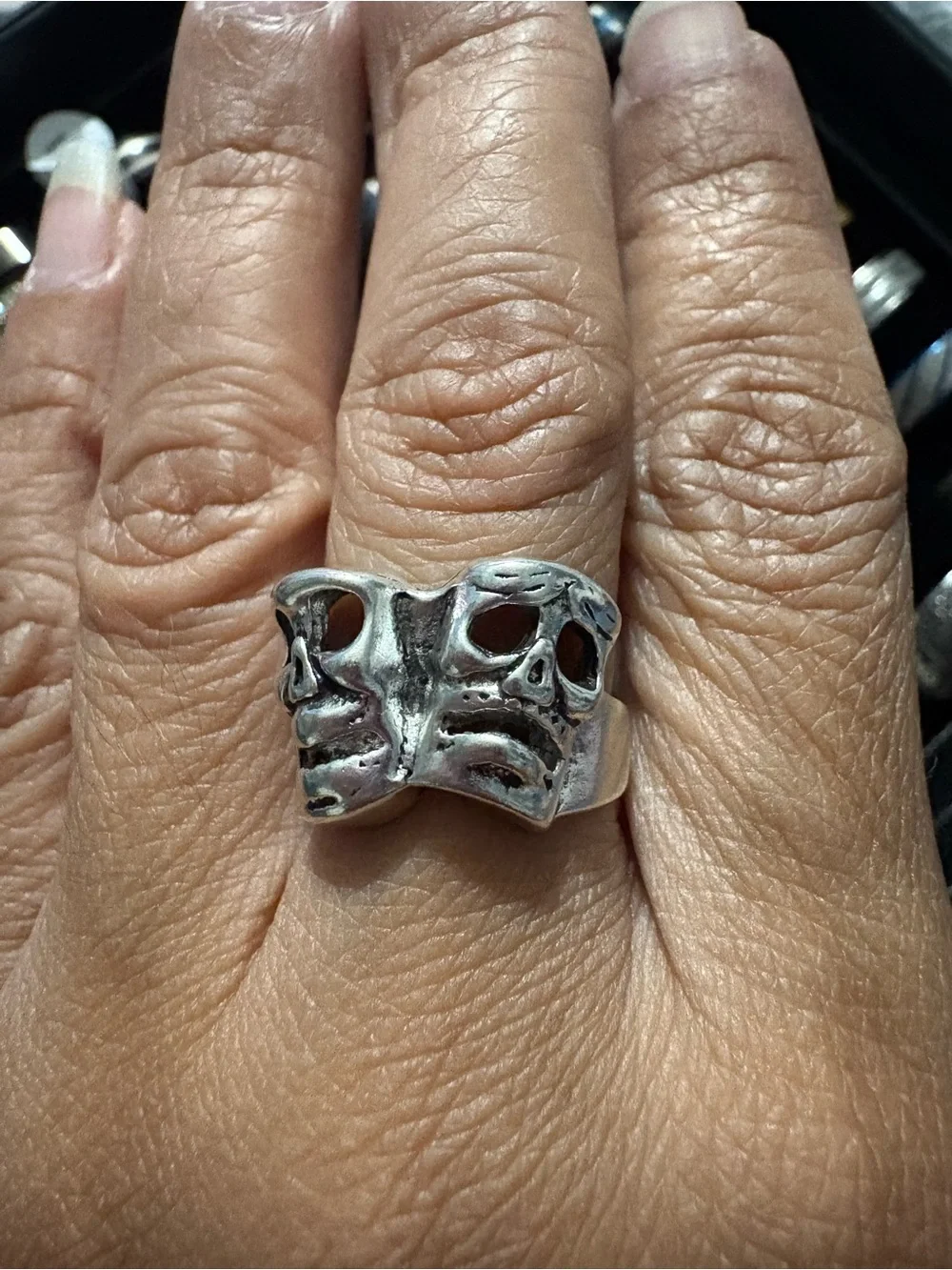 Double Skull Theater Mask Silver Ring for Men